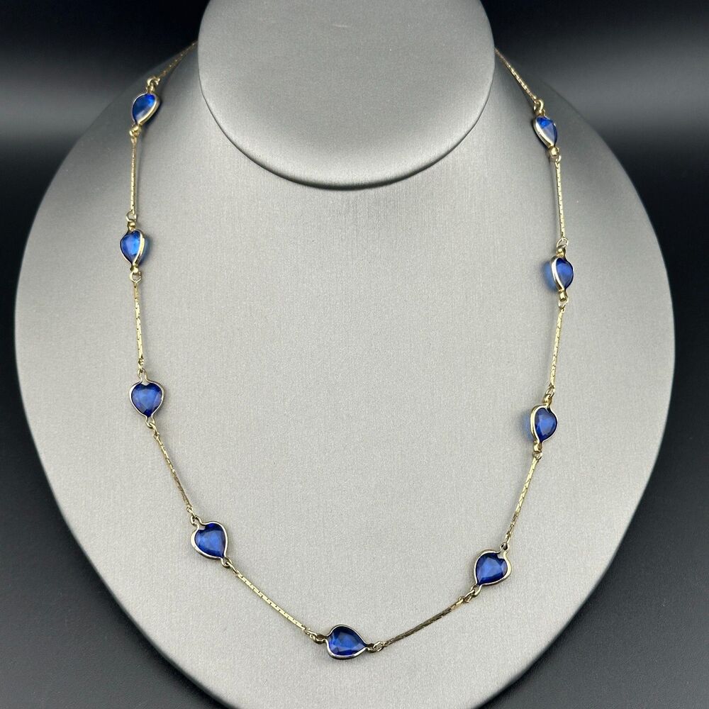 Blue Bezel Set Faceted Crystal Glass Hearts Gold-tone Chain Vintage Necklace 23"